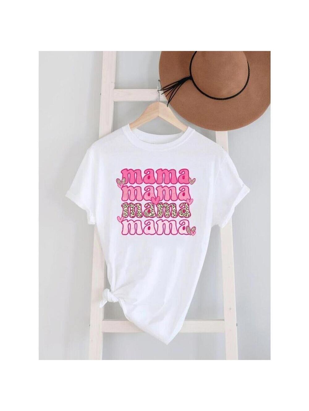 “Mama” white tee with pink & leopard, women’s size XL